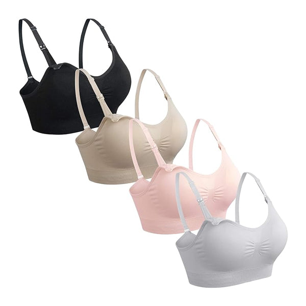 The GXXGE 4 Pack Nursing Maternity Bra Seamless Silk XL includes black, beige, pink, and light gray bras with adjustable straps and ruched fronts—ideal for your breastfeeding wardrobe.